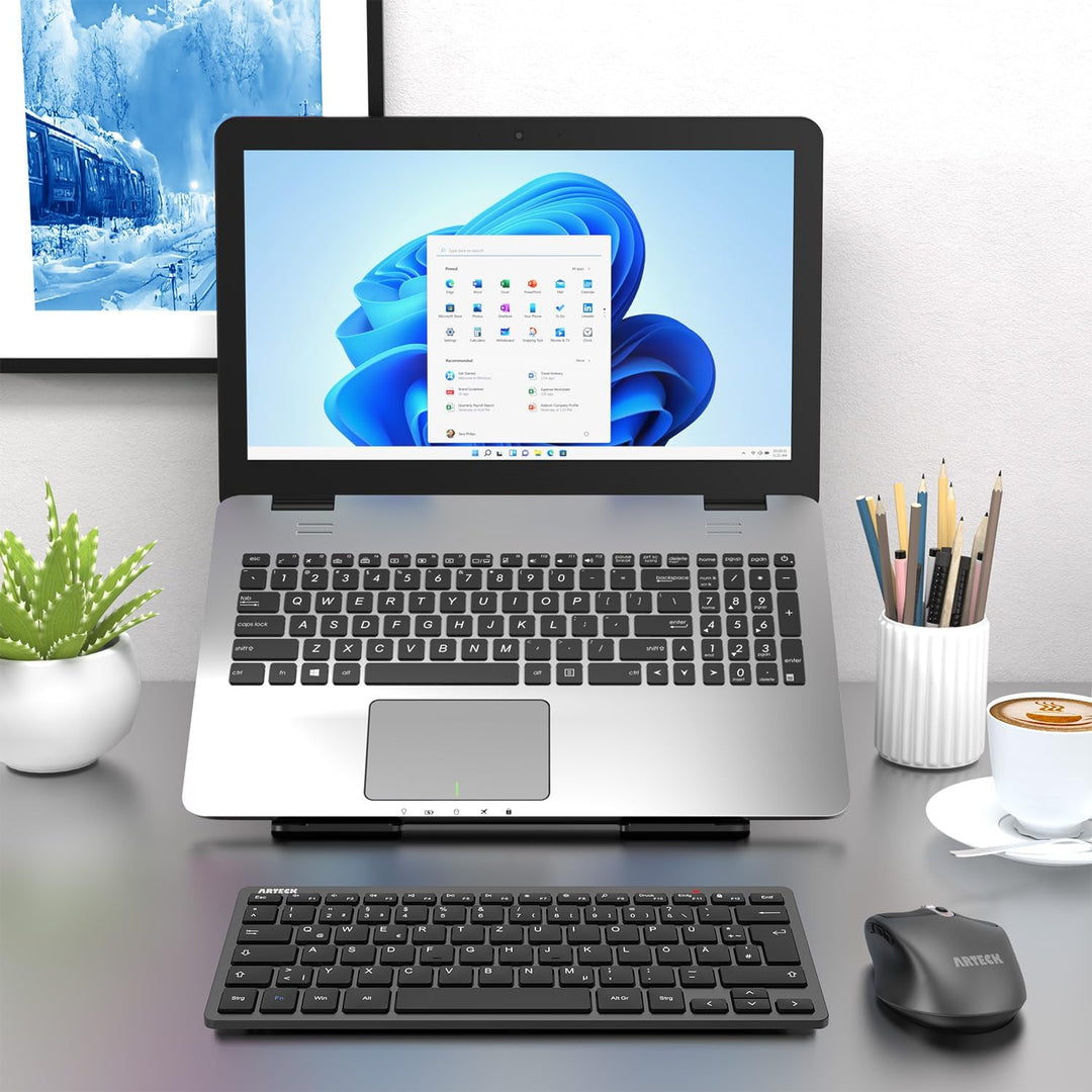 Arteck Kabellose Tastatur, Deutsches QWERTZ Layout Kompakte USB 2,4 GHz Mini Kabellos Tastatur mit M
