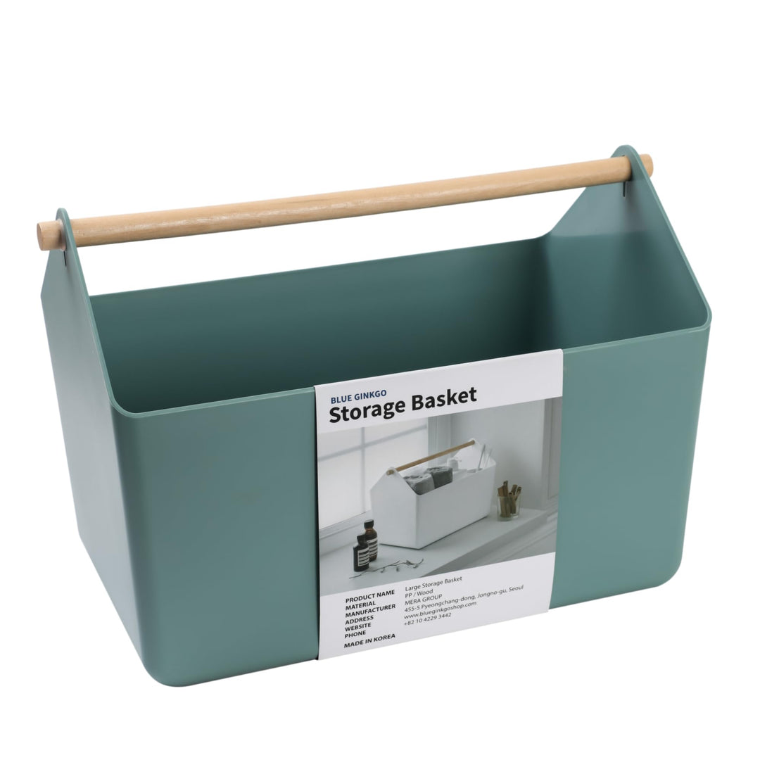 BLUE GINKGO Grosse Aufbewahrungskiste – Kunststoff-Caddy mit Holzgriff für Bad, Vorratsraum oder Rei