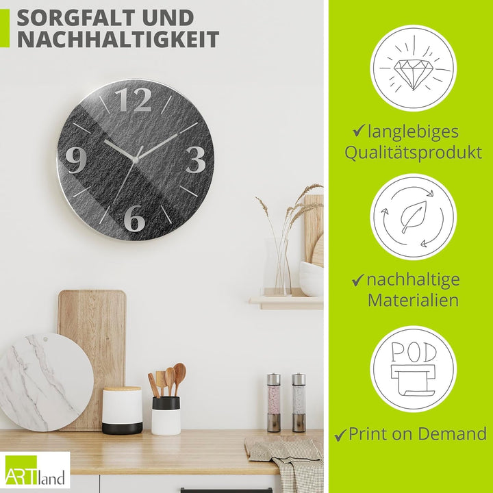 ARTLAND Wanduhr ohne Tickgeräusche aus Glas Funkuhr Ø 30 cm Rund Lautlos Ø 30 cm Schieferoptik U1RE