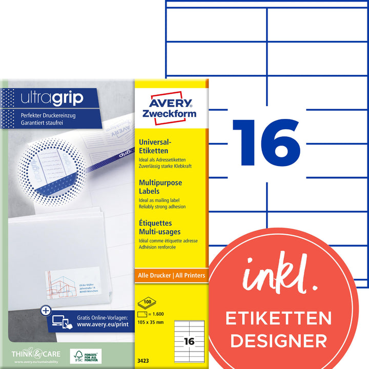 AVERY Zweckform 3423 Adressaufkleber (1.600 Klebeetiketten, 105x35mm auf A4, Papier matt, individuel