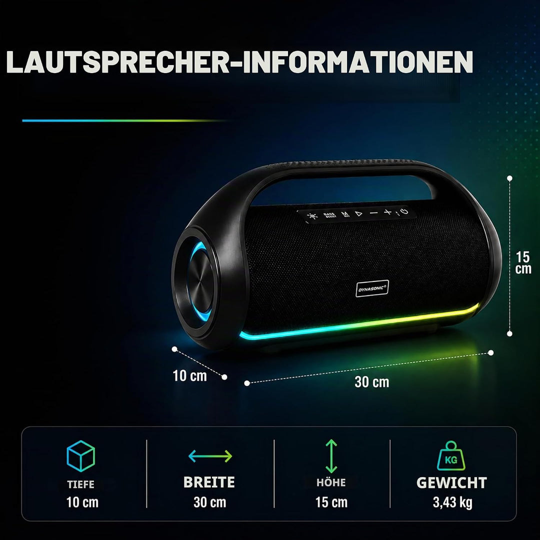DYNASONIC S90 – IPX7 tragbarer Bluetooth Lautsprecher. Kabelloser Outdoor Lautsprecher. Stereoanlage