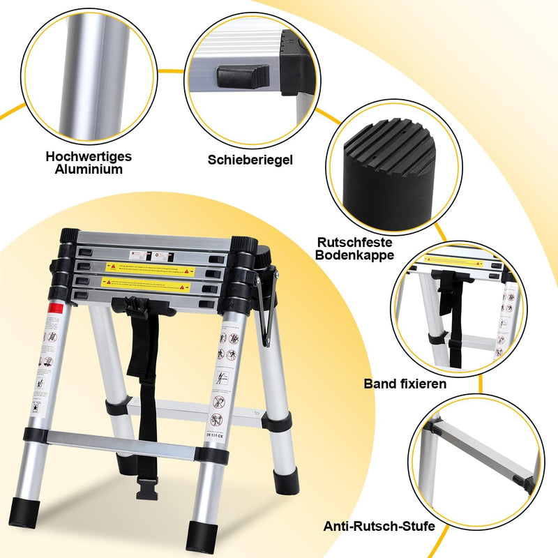 Lospitch 1.4+1.7M Teleskopleiter Klappleiter, Rutschfester Aluleiter Mehrzweckleiter Ausziehbare Lei
