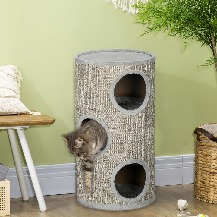 PawHut Kratztonne 70 cm Hoch Ø 38 cm dreistöckige Katzentonne mit Plüschrand, Katzenhöhle, Kratzbaum