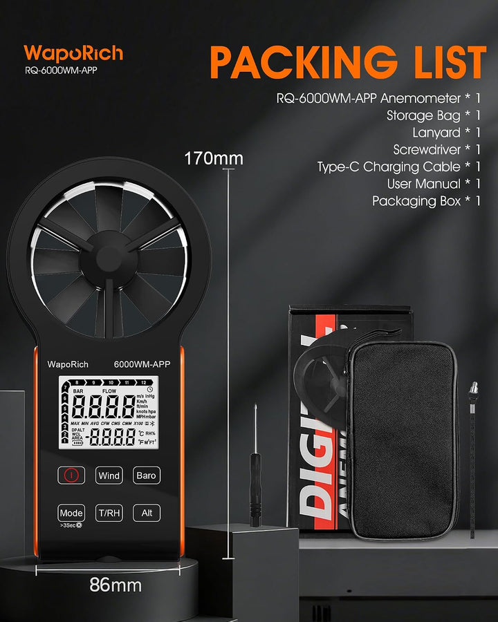 Bluetooth Anemometer, WapoRich 7-in-1 Windmesser Windmessgerät mit Luftdruck/Temperatur/Luftfeuchtig