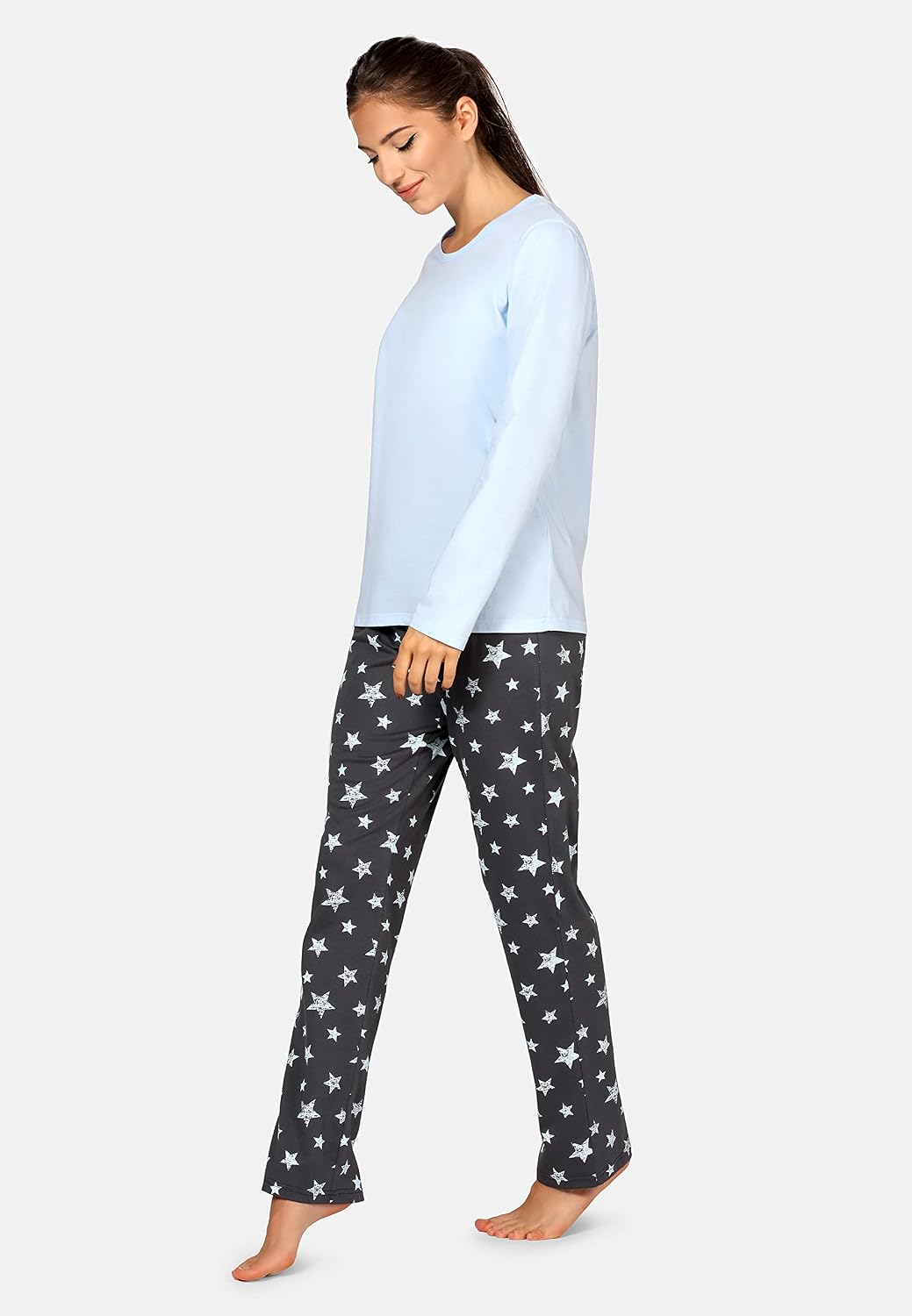 Bellivalini Damen Schlafanzug lang Pyjama Langarm Lange Hose Muster Sterne BLV50-167 M Blau Graphite