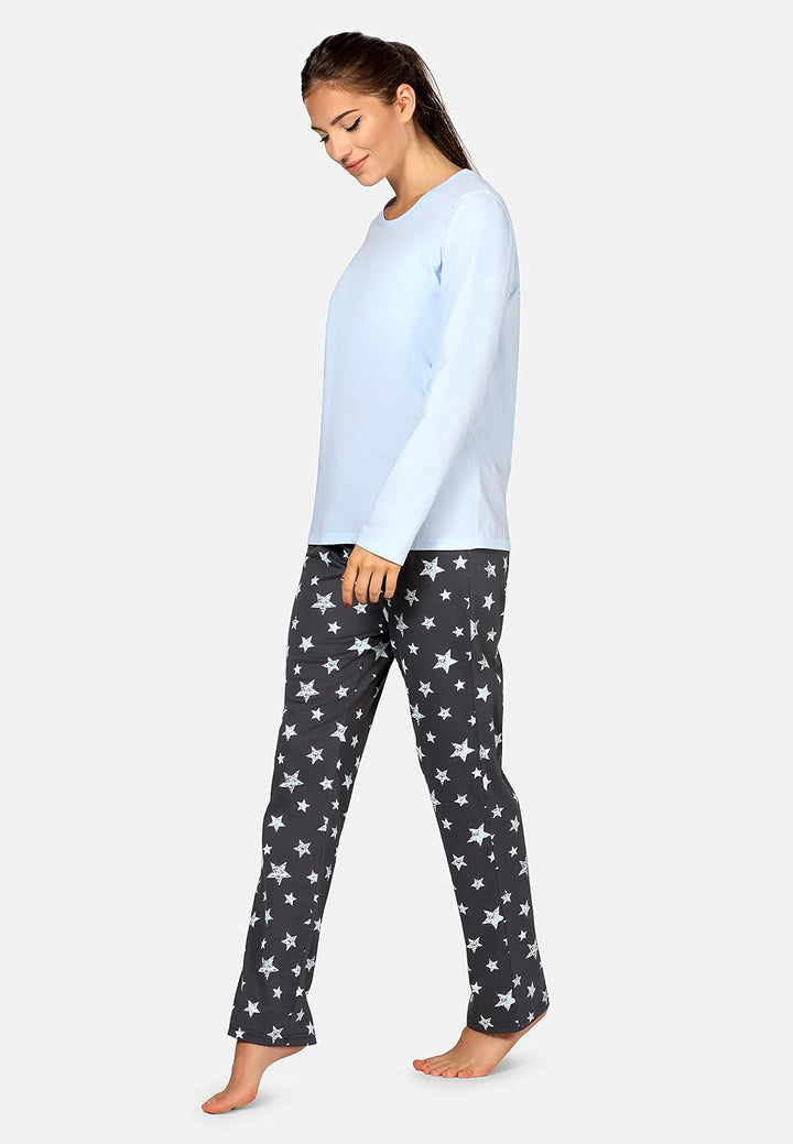 Bellivalini Damen Schlafanzug lang Pyjama Langarm Lange Hose Muster Sterne BLV50-167 M Blau Graphite