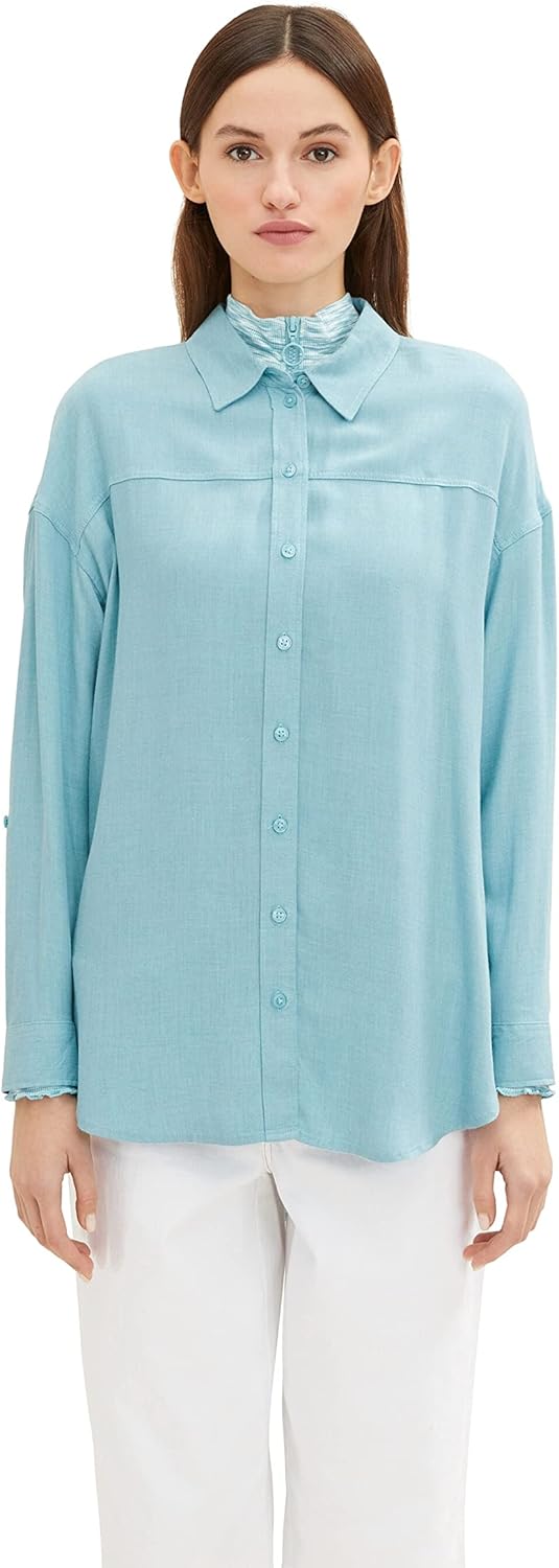 TOM TAILOR Denim Damen Bluse mit Turn-Up Ärmel L 30564 - Reef Blue Melange, L 30564 - Reef Blue Mela