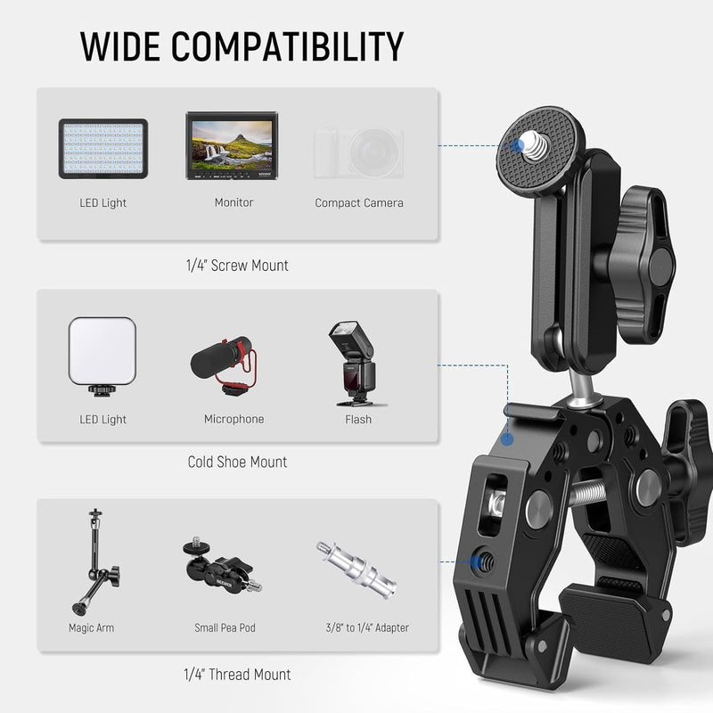 NEEWER SuperKlemme mit 3" Dual Kugelkopf Zauberarm, Cold Shoe, 1/4" 3/8" Gewinde, Handy/Action Kamer