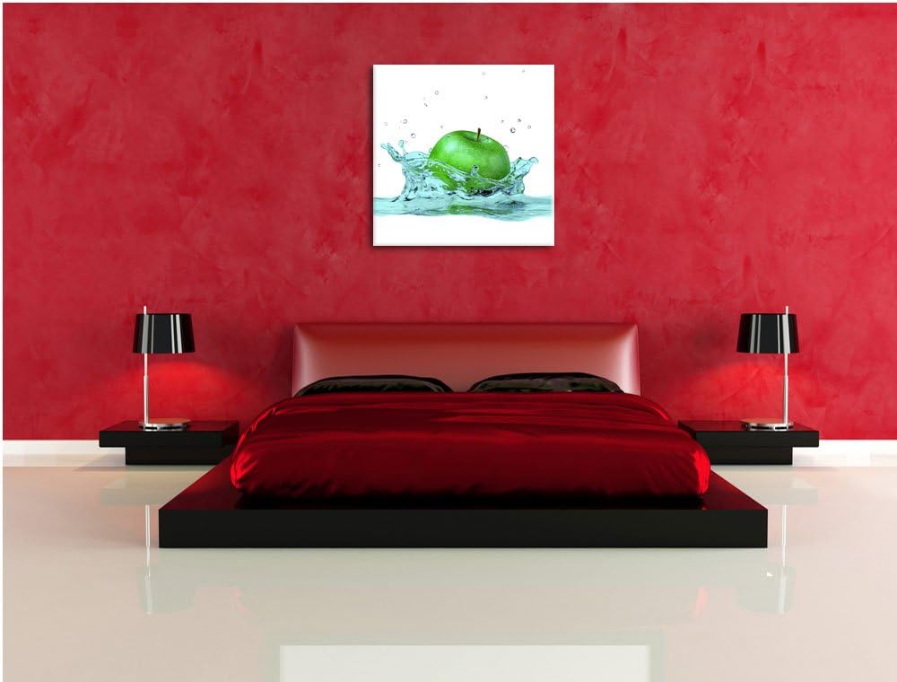 Pixxprint Green Apple Grüner Apfel fällt in Wasser schwarz/weiss, Format: 70x70 auf Leinwand, 70x70