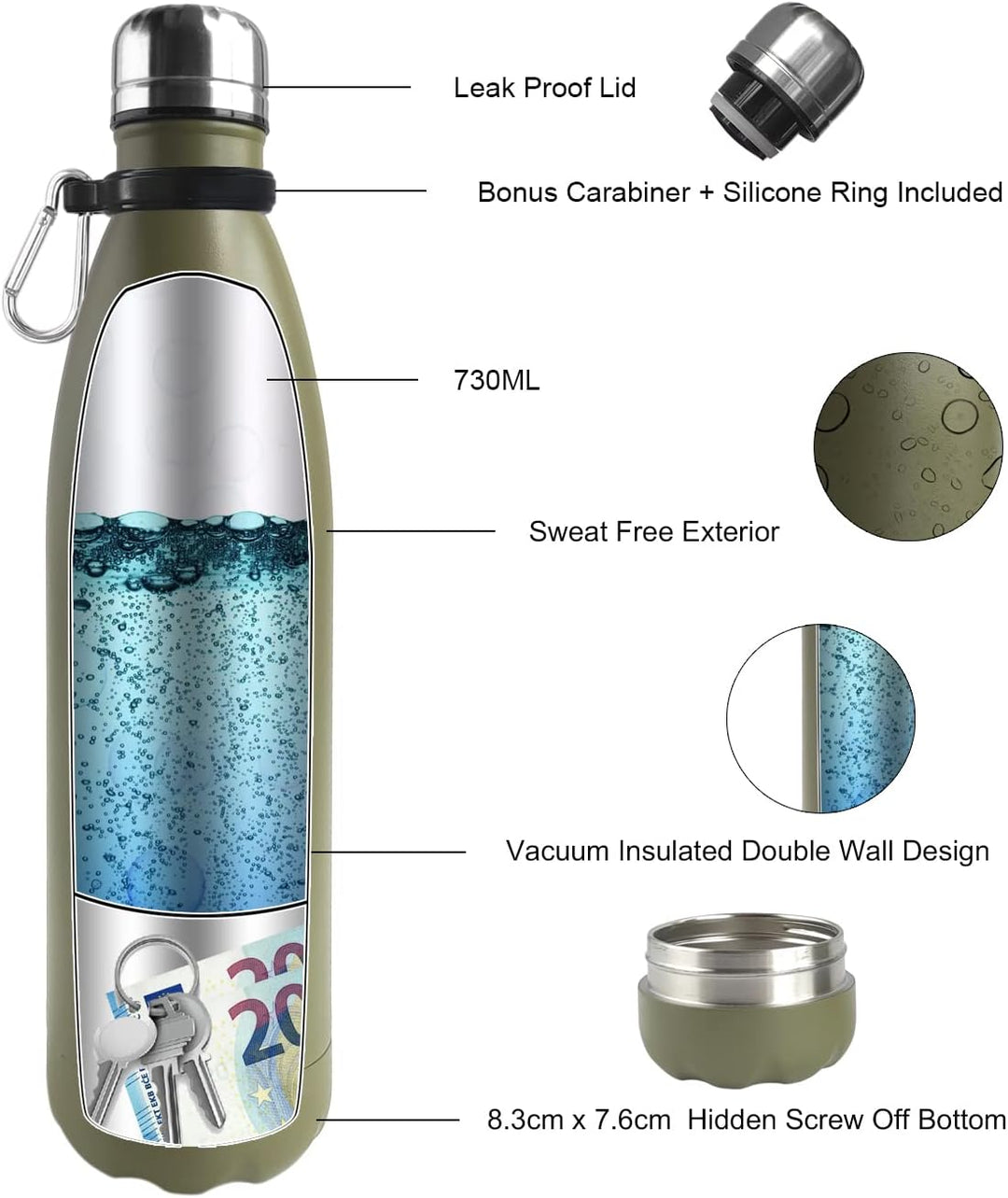 Diversion Wasserflasche aus Edelstahl mit Verstecktem Platz für Diskreter Köder, für Reisen oder zu