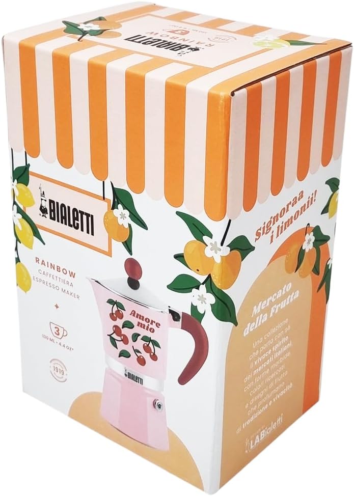 Bialetti Amore Mio Rainbow 3-Tassen-Espressokanne, Rot mit Kirschen, Aluminium, 130 ml, Manuelle Esp