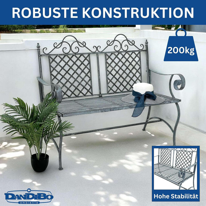 DanDiBo Gartenbank Wetterfest 2 Sitzer Metall Grau 120 cm 96592 Sitzbank Eisen Bank Garten Antik Par