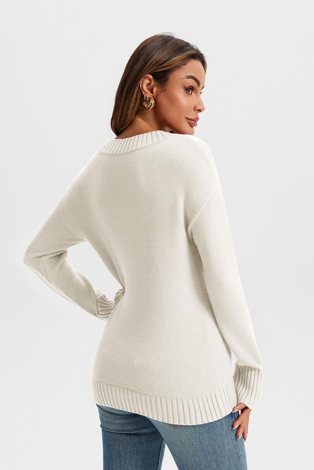 Wenrine Damen Pullover Winter Langarm V-Ausschnitt Strickpullover Sexy Lose Einfarbig M Weiss, M Wei