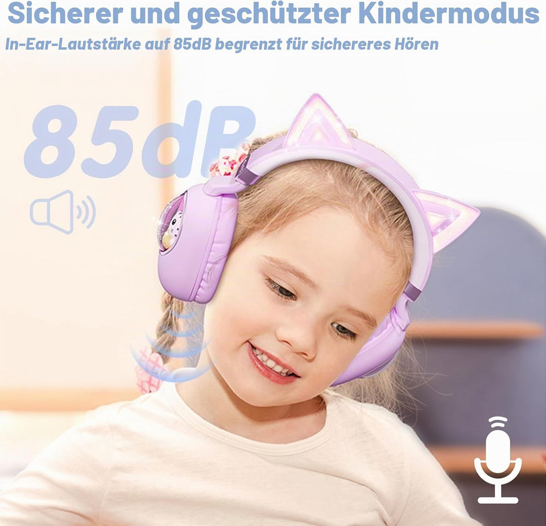 Kinder Kopfhörer mit Katzenohren, Bluetooth 5.4 Over-Ear Noise Cancelling Kopfhörer mit Mikrofon, LE