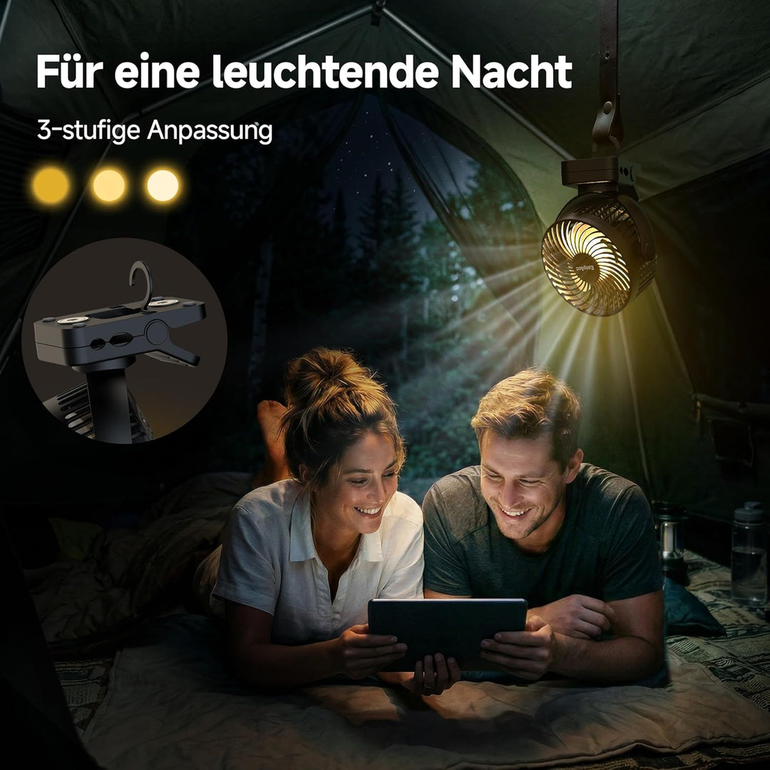 EasyAcc Tragbarer Clip-Ventilator mit LED-Licht und Magnetfuss – 13000mAh USB Wiederaufladbarer Zelt