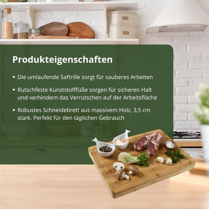 Massives Schneidebrett Küchenbrett Zubereitungsbrett Tranchierunterlage Bambus mit Saftrille Schneid