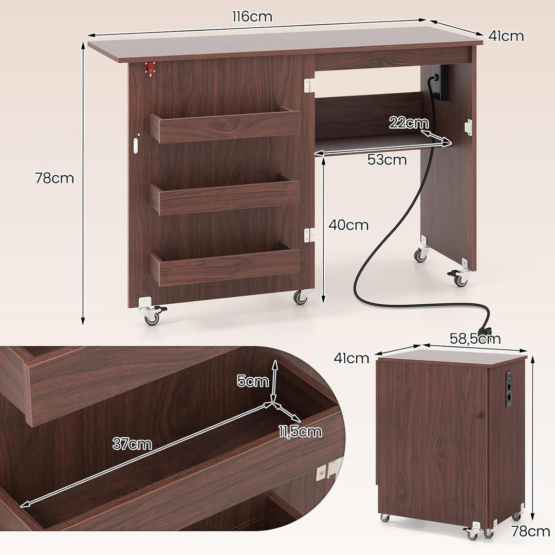 RELAX4LIFE 2 in 1 Nähtisch, Nähmaschinenschrank klappbar mit Ladestation, Nähschrank aus Holz mit Re