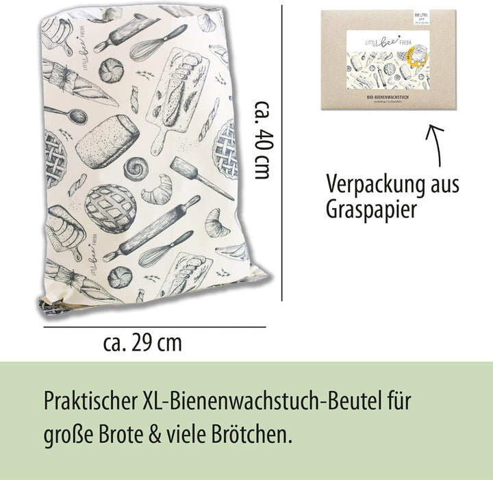 little bee fresh Bio-Bienenwachstuch XL Brotbeutel 29x40 cm aus Deutschland | Brotsack hält Lebensmi