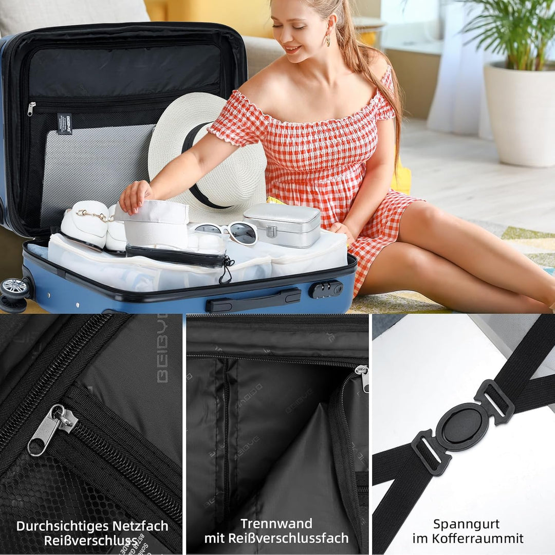 BEIBYE Zwillingsrollen 2066 Hartschale Trolley Koffer Reisekoffer Handgepäck Boardcase M (Blau, M)