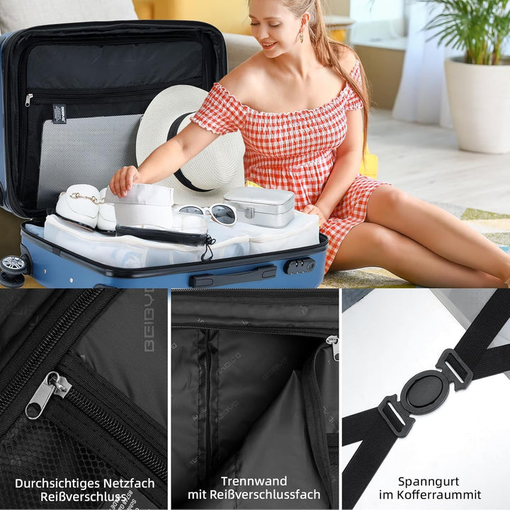 BEIBYE Zwillingsrollen 2066 Hartschale Trolley Koffer Reisekoffer Handgepäck Boardcase M (Blau, M)