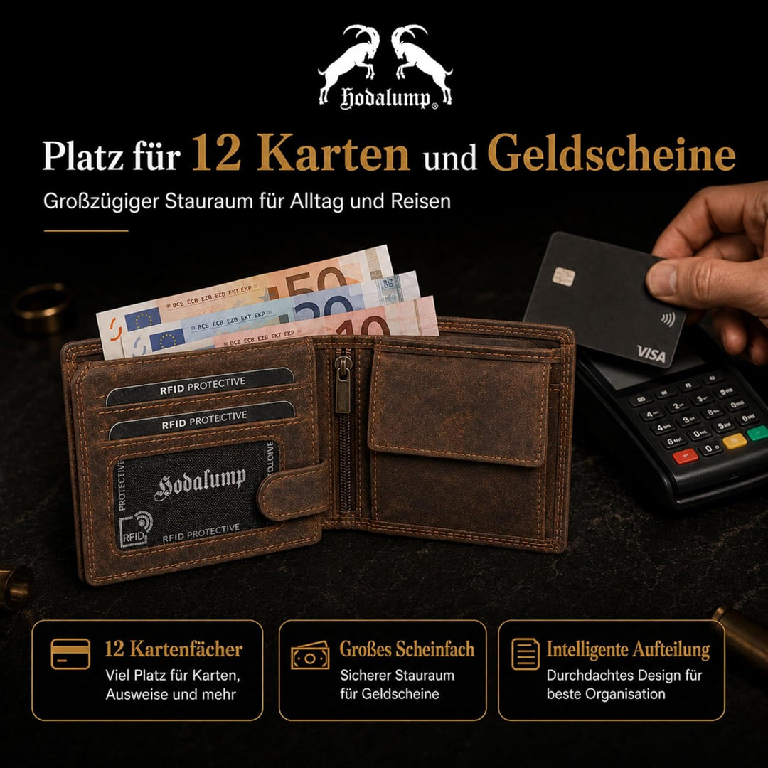 hodalump Echt-Leder Geldbörse • Geldbeutel für Damen und Herren mit RFID-Schutz • Portmonee mit Münz