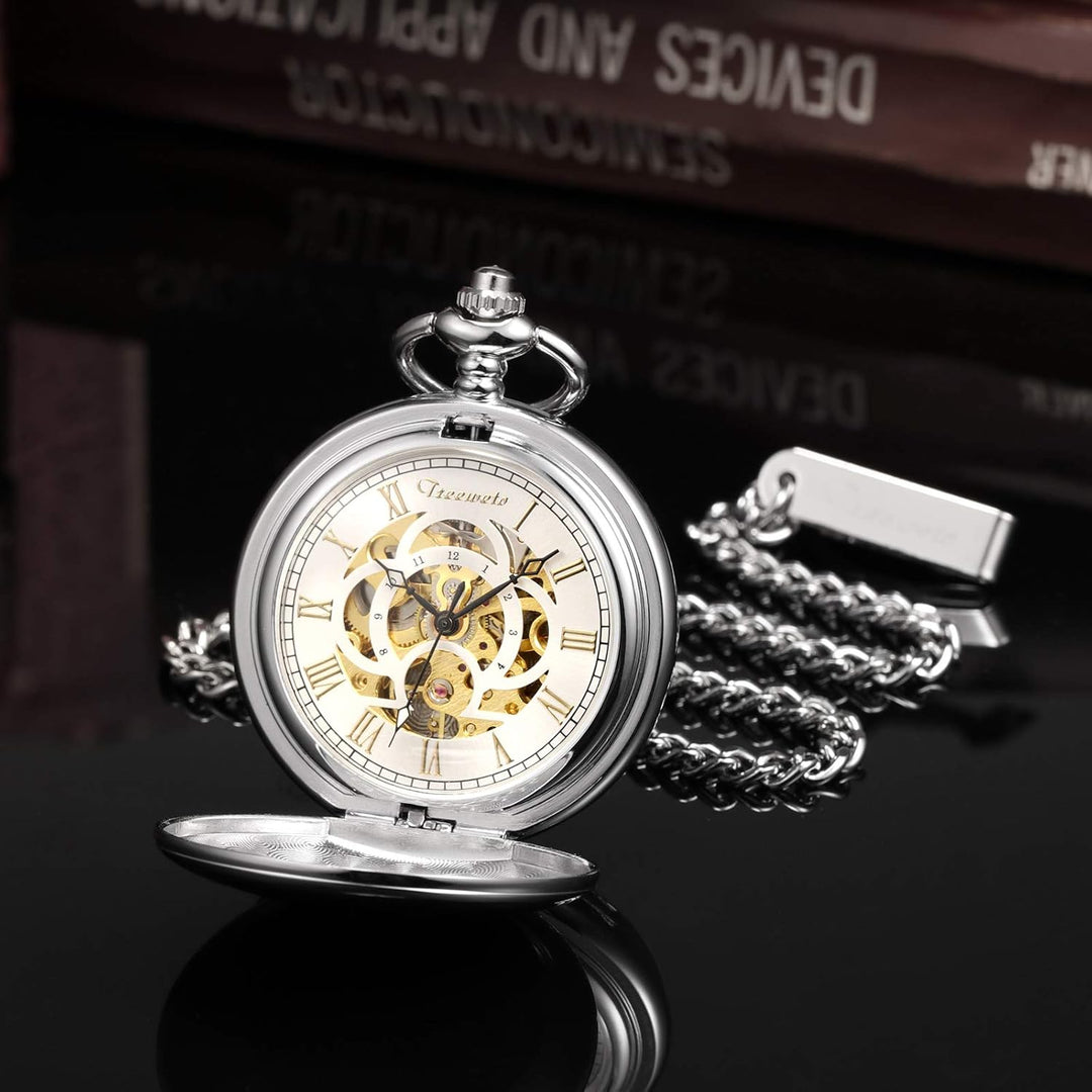 TREEWETO Unisex Taschenuhr mit Kette Analog Handaufzug Doppelscharnier Antik Graviert Römische Silbe