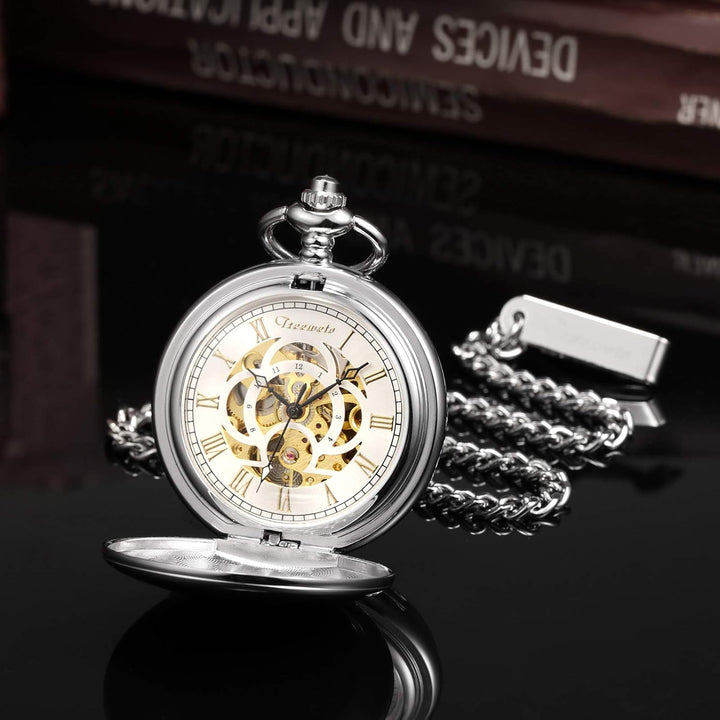 TREEWETO Unisex Taschenuhr mit Kette Analog Handaufzug Doppelscharnier Antik Graviert Römische Silbe