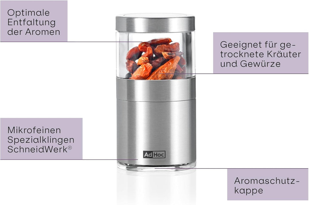 AdHoc MP206 Mini Chili- und Gewürzschneider VOYAGE, mit original SchneidWerk® (ohne Gewürz), Edelsta