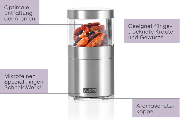 AdHoc MP206 Mini Chili- und Gewürzschneider VOYAGE, mit original SchneidWerk® (ohne Gewürz), Edelsta