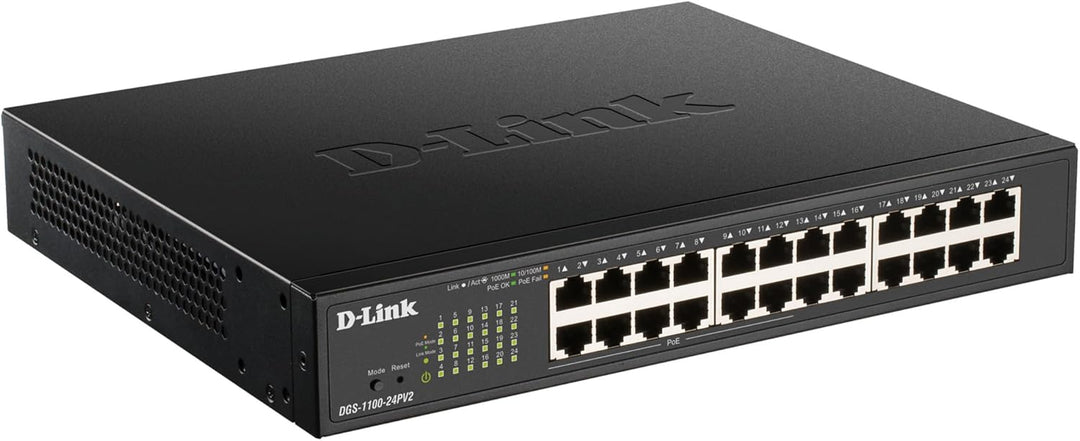 D-Link DGS-1100-24PV2/E 24-Port Gigabit PoE Smart Switch (24 x 10/100/1000 Mbit/s, Davon 12 PoE-Port
