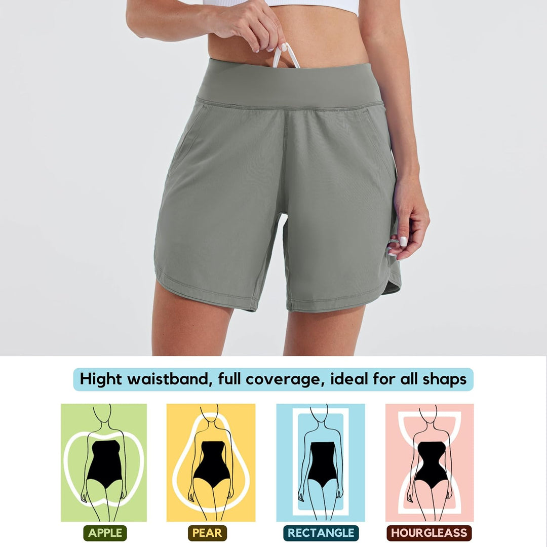 WILLIT Damen 7" Badeshorts Schwimmen Boardshorts Badehose Schnell Trocknend Bikini Shorts High Waist