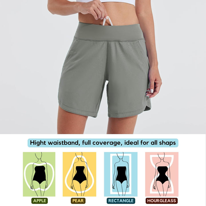 WILLIT Damen 7" Badeshorts Schwimmen Boardshorts Badehose Schnell Trocknend Bikini Shorts High Waist