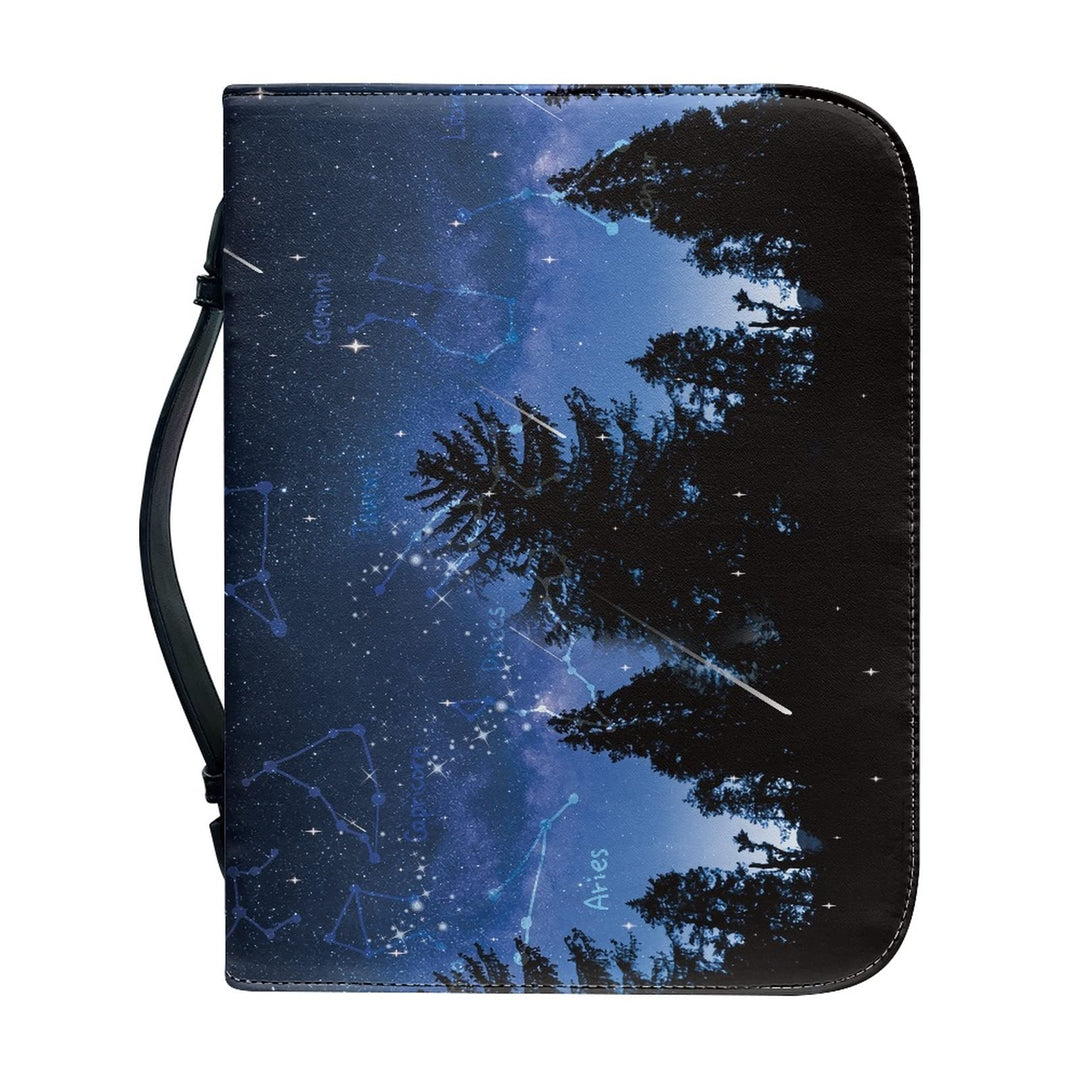 Kuiaobaty Sternennacht Wald Buchhülle für Notebook, Neuheit, Bibel, Griff, Reissverschluss, PU-Leder