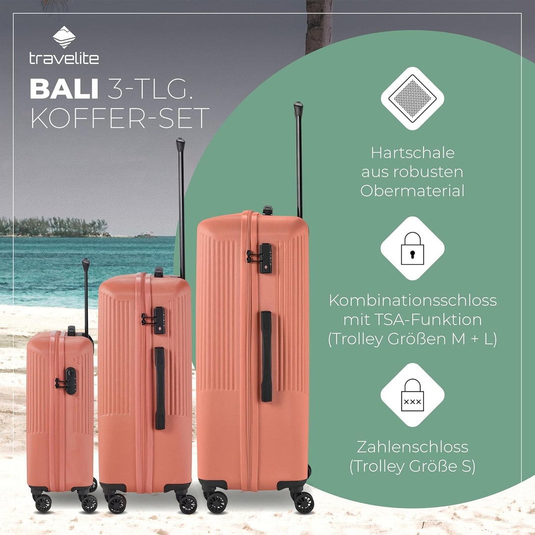 travelite 4-Rad Koffer Set 3 teilig Grössen L/M/S, Gepäck Serie BALI: ABS Hartschalen Trolleys mit T