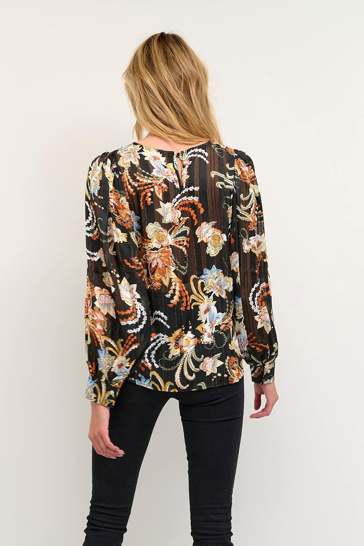 KAFFE Langarm Bluse KAsimi Damen Bluse Langarm Rundhals Print Shirt Standard 34 Black/Red/Multi Flow