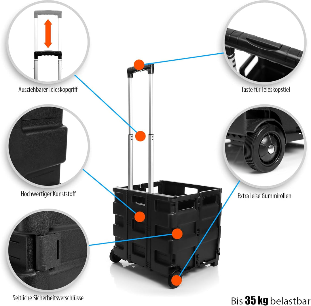 BigDean Einkaufstrolley klappbar belastbar bis 35kg - Transportbox mit Rollen klappbare Einkaufskist