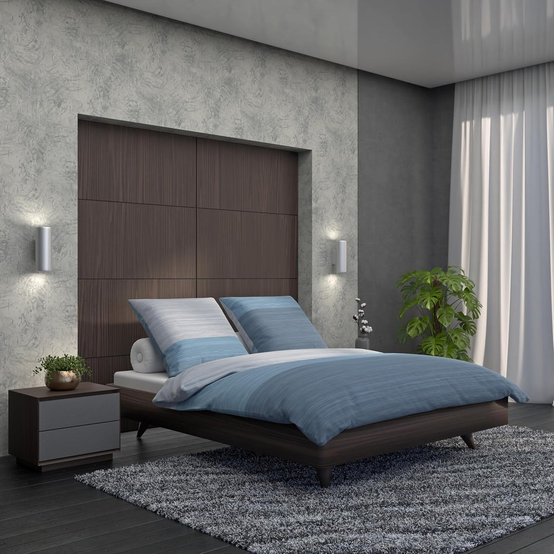 LARAWELL Bettwäsche 135x200 Baumwolle Ganzjahres Bettwäsche-Sets blau grau gestreift Premium Blau, G
