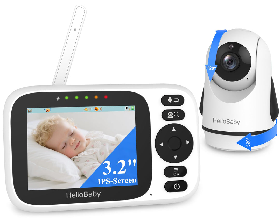 HelloBaby Babyphone mit Kamera, ferngesteuertes Schwenk-Neige-Zoom Video Babyphone und 3,2'' IPS Bil