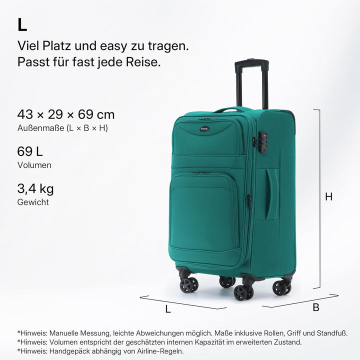 Stoffkoffer erweiterbar mit Frontfächern,15% Extra-Volumen, TSA-Schloss, 360° Doppelrollen & verdeck