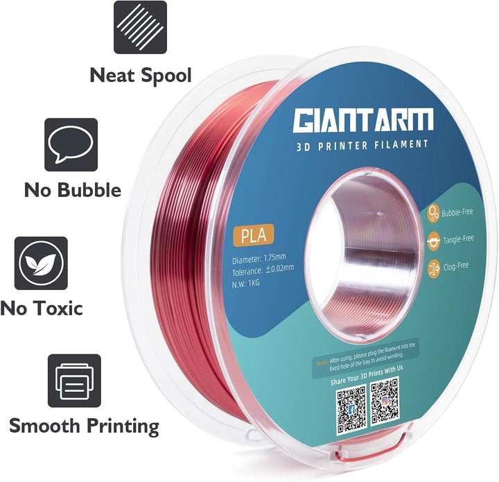 GIANTARM Dual Silk PLA Filament 1.75 mm, 3D Drucker PLA Silk Filament 1 kg/Spule, zweifarbig Rot+Sch