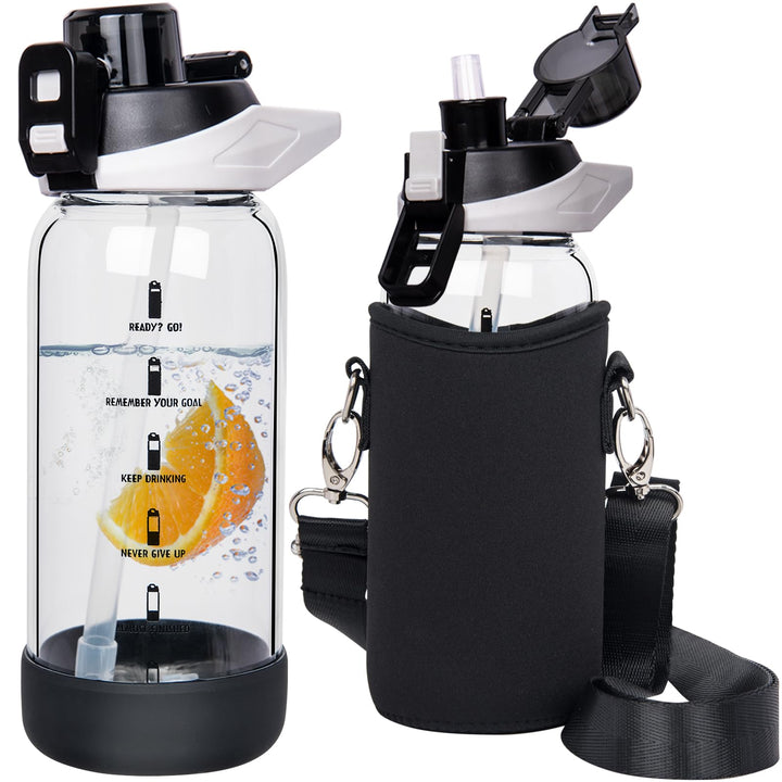 Seekua 0.6l Sport Trinkflasche Glas Flasche mit Strohhalm & Zeitmarkierung für Kinder, Schule 600ml