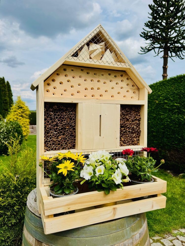 handgefertigtes Insektenhotel XL Wildbienen Nisthilfe I Insektenhaus mit Blumenkasten aus Holz und S