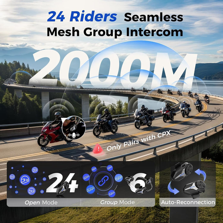 Moman CPX Mesh Motorrad Headset 2000m für 24 Motorräder (2PCS) 2*Mesh Intercom CPX CPX, 2*Mesh Inter