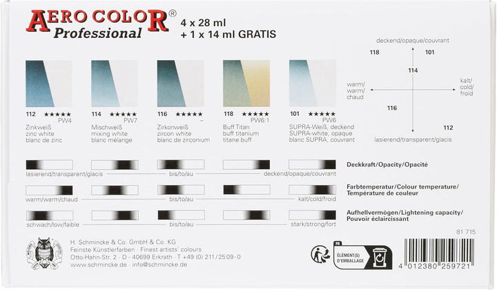 Schmincke - AERO COLOR® Professional, Kartonset mit 4 x 28 ml + 1 x 14ml, 81 715 097, feinst-flüssig