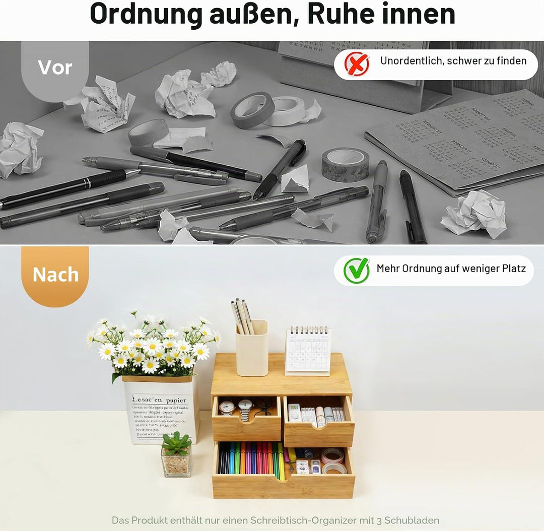 Bambus Schreibtisch Organizer mit 3 Schubladen, Bambus Schubladenbox Desktop Organizer für Büro, Hau