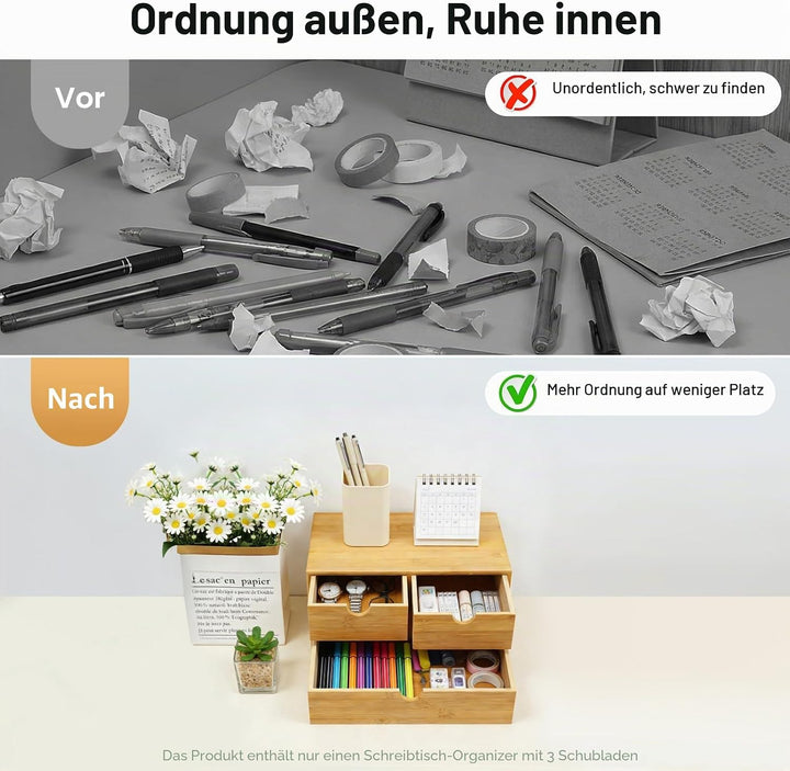 Bambus Schreibtisch Organizer mit 3 Schubladen, Bambus Schubladenbox Desktop Organizer für Büro, Hau
