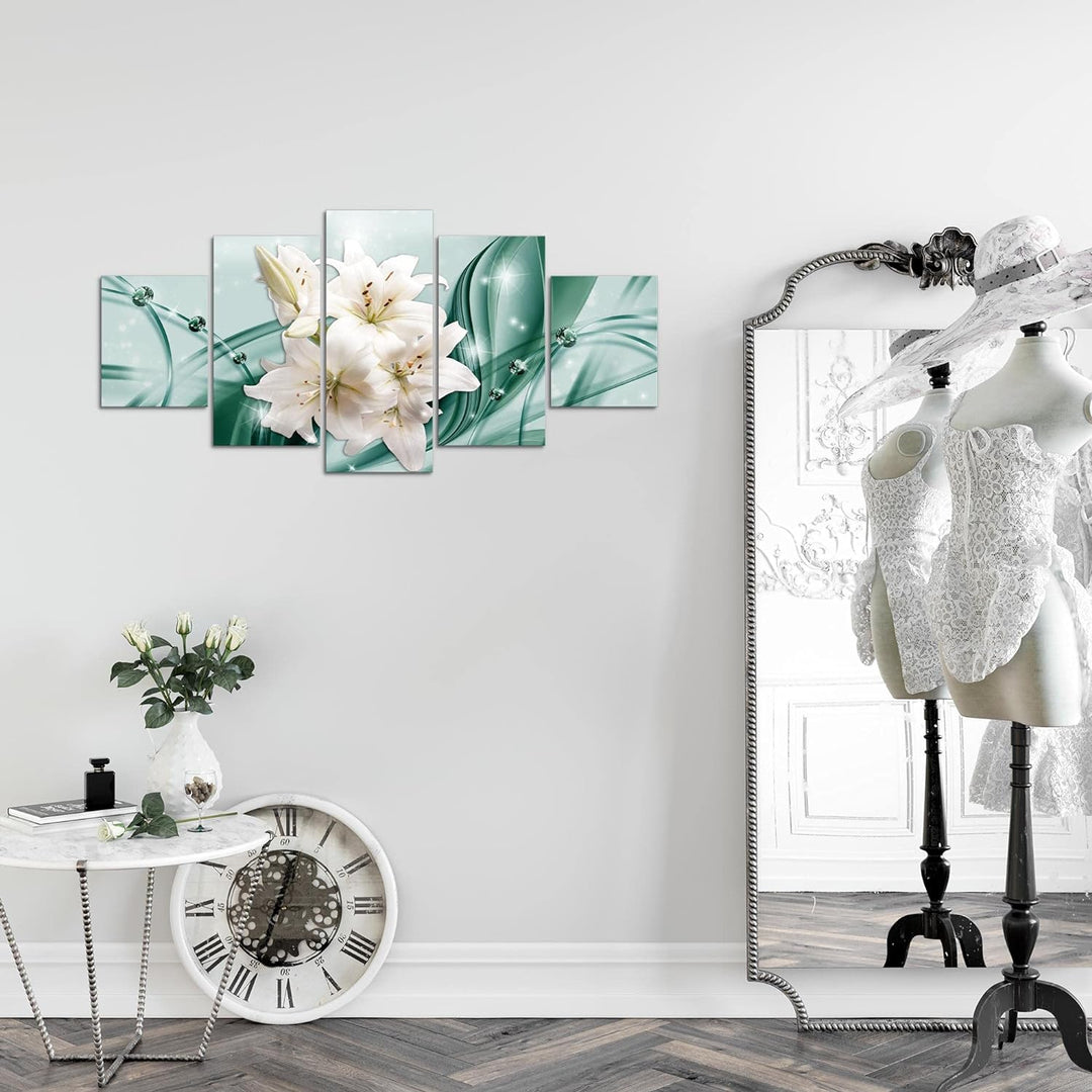 Runa Art Wandbilder Blumen Lilien 5 Teilig Bild auf Vlies Leinwand Deko Wohnzimmer Abstrakt Grün 017