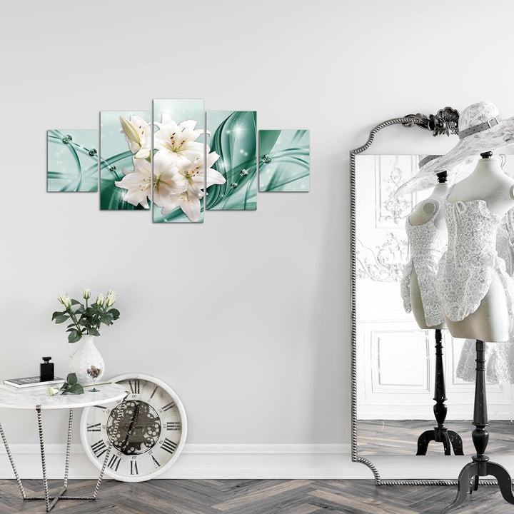 Runa Art Wandbilder Blumen Lilien 5 Teilig Bild auf Vlies Leinwand Deko Wohnzimmer Abstrakt Grün 017