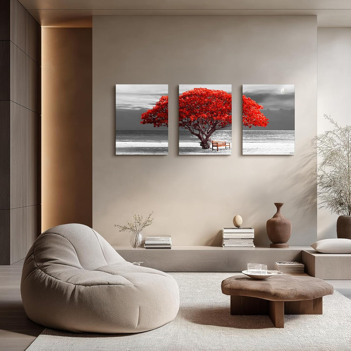 hyidecorart Leinwandbilder 30x40 cm 3er Set Wohnzimmer, Modern Rot Baum des Lebens Wandbilder Set mi