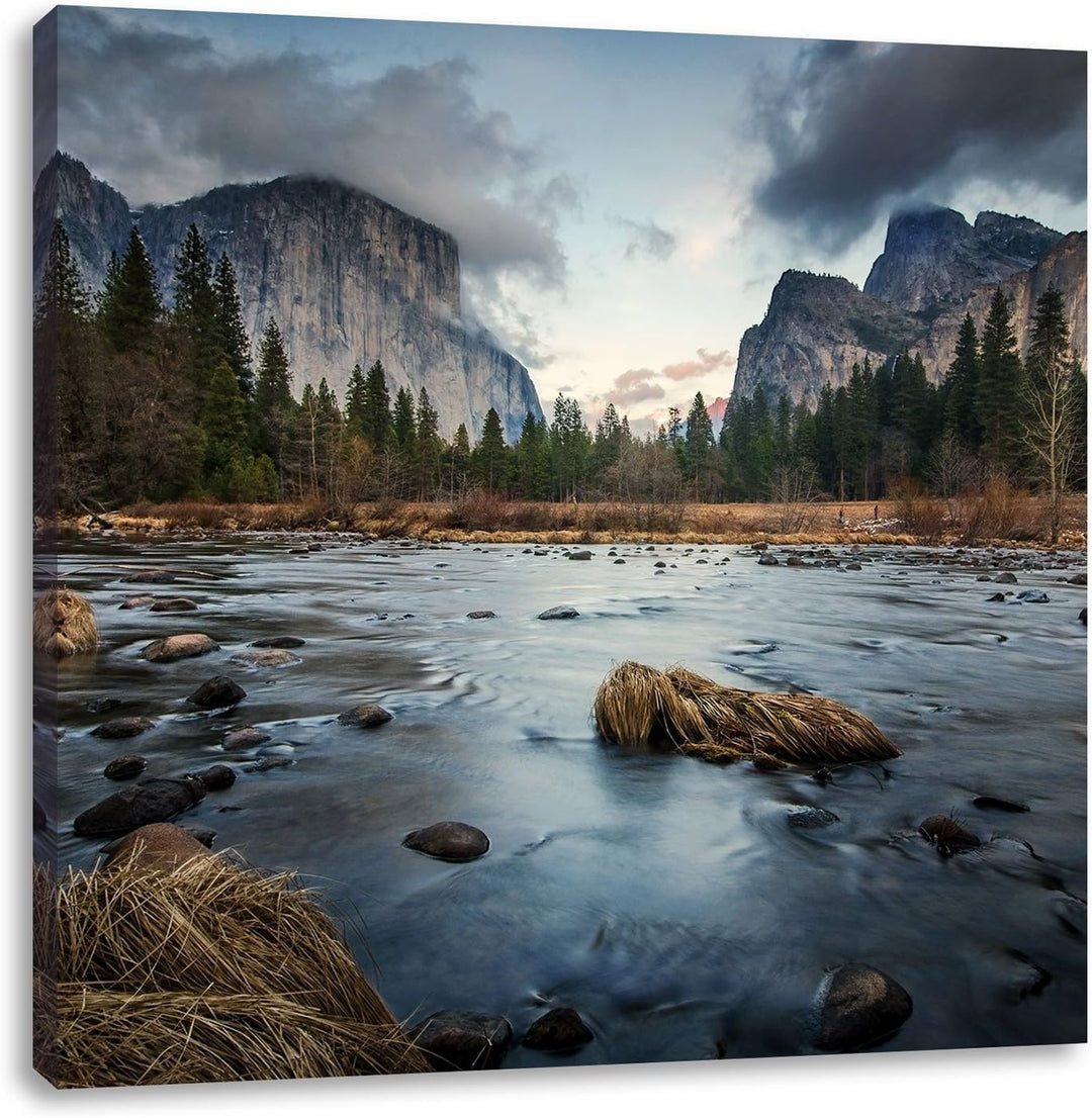Seichter Fluss im Herbst, Format: 70x70 auf Leinwand, XXL riesige Bilder fertig gerahmt mit Keilrahm